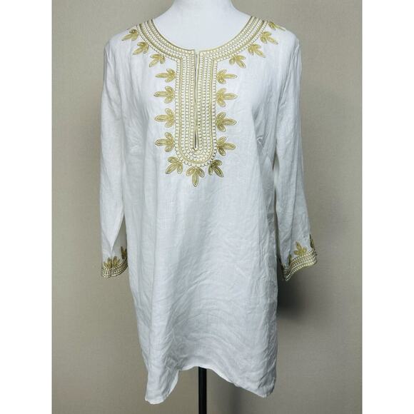 Chelsea & Theodore Size Large Tunic 100% Linen White & Gold Embroidered Casual - Picture 1 of 12